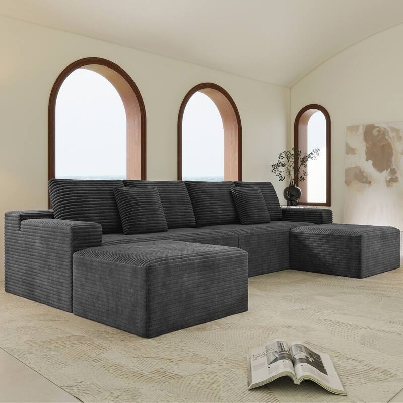 137.8" Corduroy Upholstered Free Combination Modular Sectional Sofa with Ottomans
