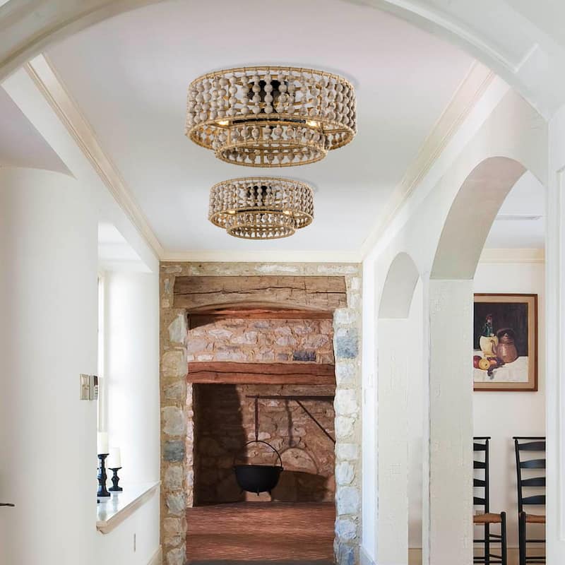 Bohemia 3-Light Antique White Two-Tier Hand-Beaded Drum Flush Mount Ceiling Light - 15.75-in W