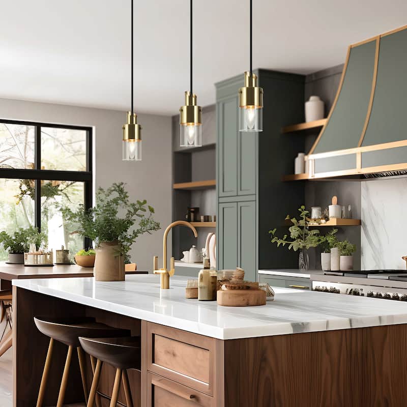 Mid-Century Modern 1-Light Gold Hanging Pendant Lights Cylinder Glass Kitchen Island Lights - 3"L
