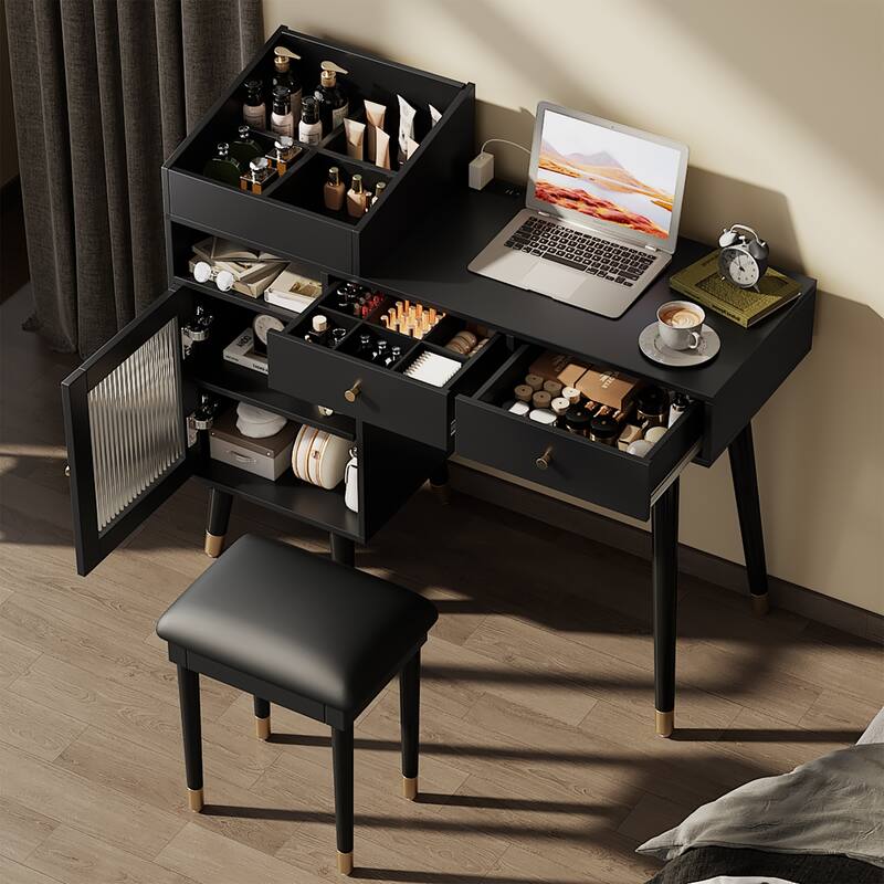 Modern Makeup Vanity Desk with Drawers, Cabinet & Charging Port - Black