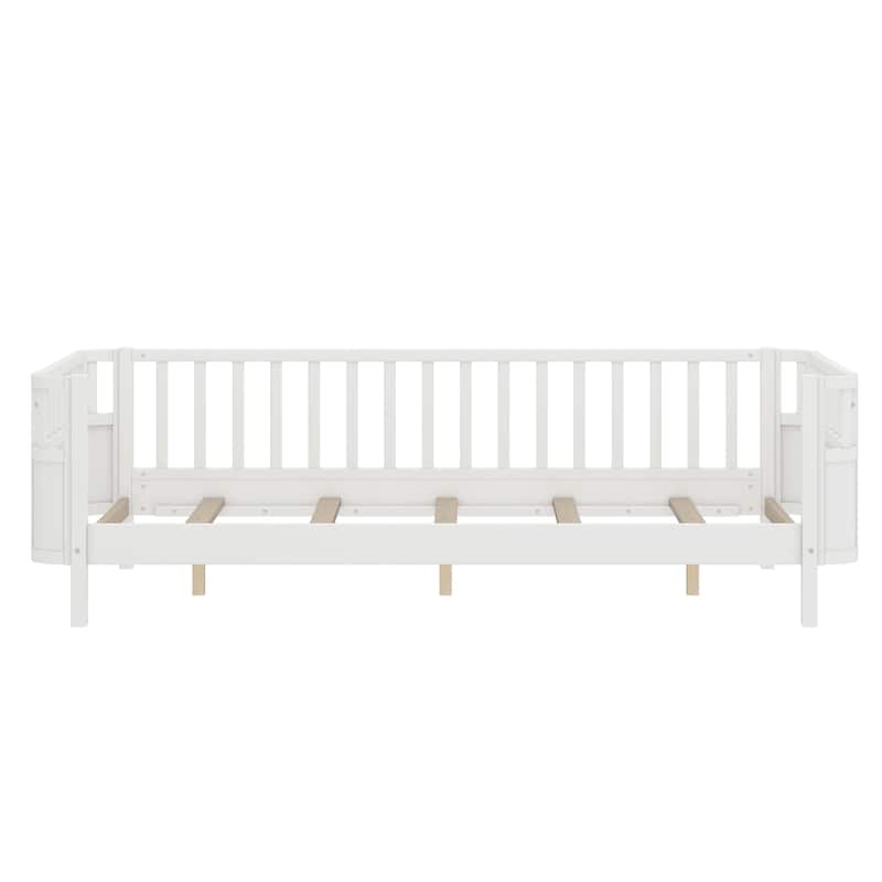 Multi Size Low Platform Bed for Kids with Rounded Corners Guardrails, Detachable Right-side Fence and Open Left-side Design