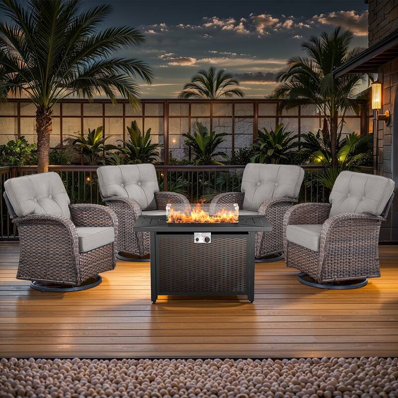 Pocassy Outdoor 43 In Fire Table with Sofa Patio Swivel Chair Set - Brown Wicker Gray Cushion - 4-Piece Swivel Chair with Fire Pit Table