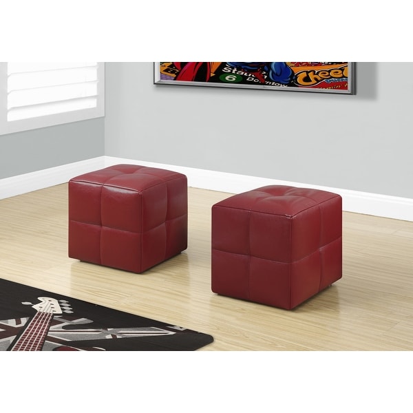 Two 24" Red Leather , Foam, and Solid Wood Ottomans
