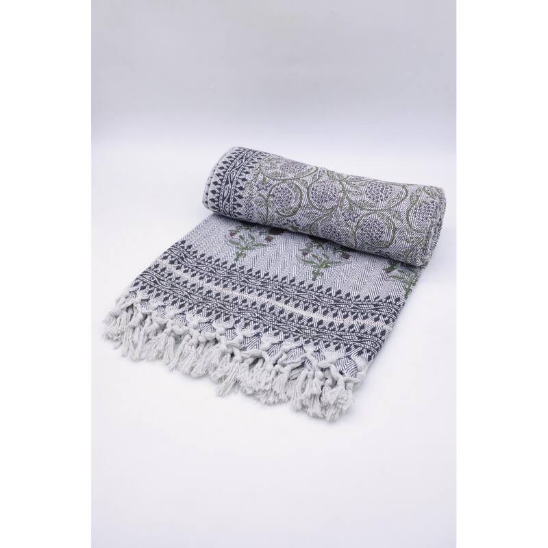 Fabdivine Aradhana Handloom Block Print Cotton Blanket - Cozy Layered Throw, Artistic Home Textile, Lounge & Bedroom Accessory