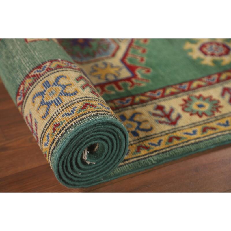 Green Kazak Runner Rug Hand-Knotted Wool Carpet - 2'8" x 16'3"