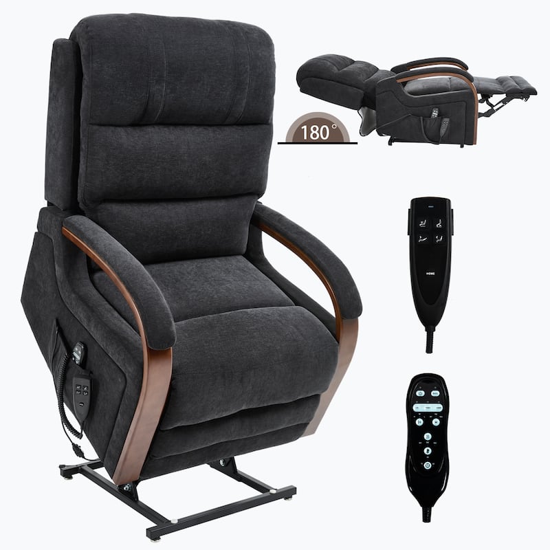 Chenille Power Lift Recliner Chair with Heat & Massage, Infinite Position Electric Recliner with Wood Armrests & Side Pockets