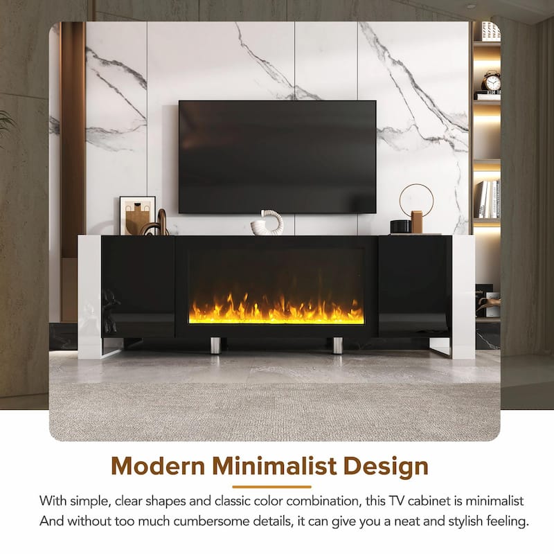 Glossy TV Stand with Non-Heating Electric Fireplace, 2 Cabinets