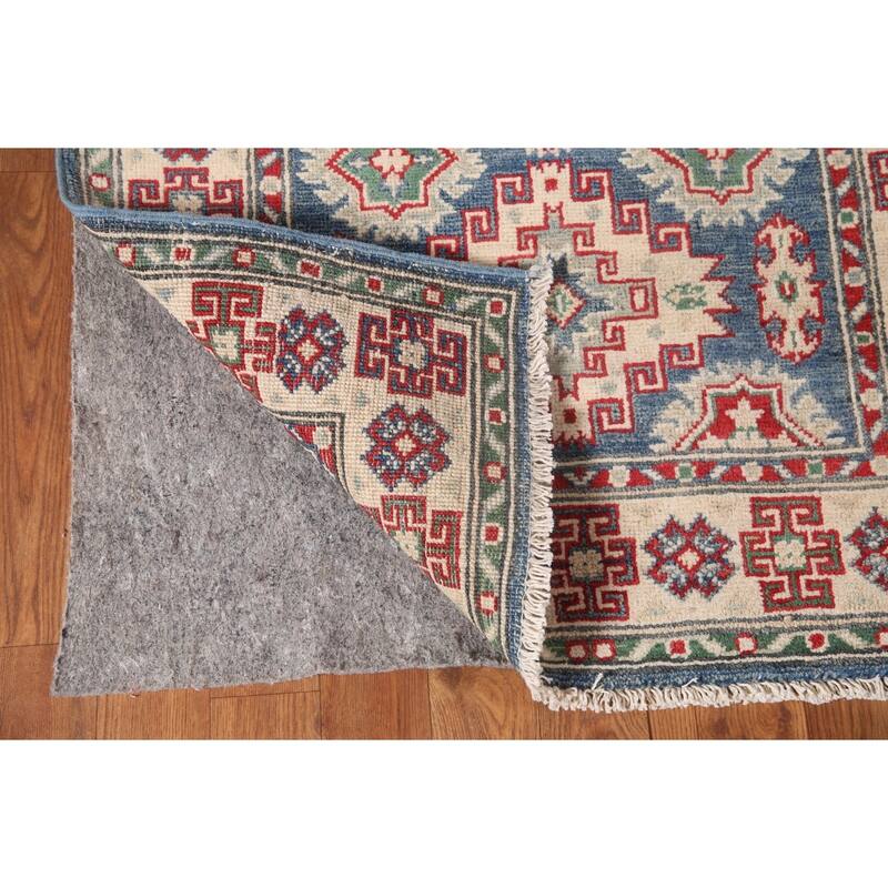 Blue Geometric Kazak Runner Rug Handmade Oriental Wool Carpet - 2'8" x 12'7"