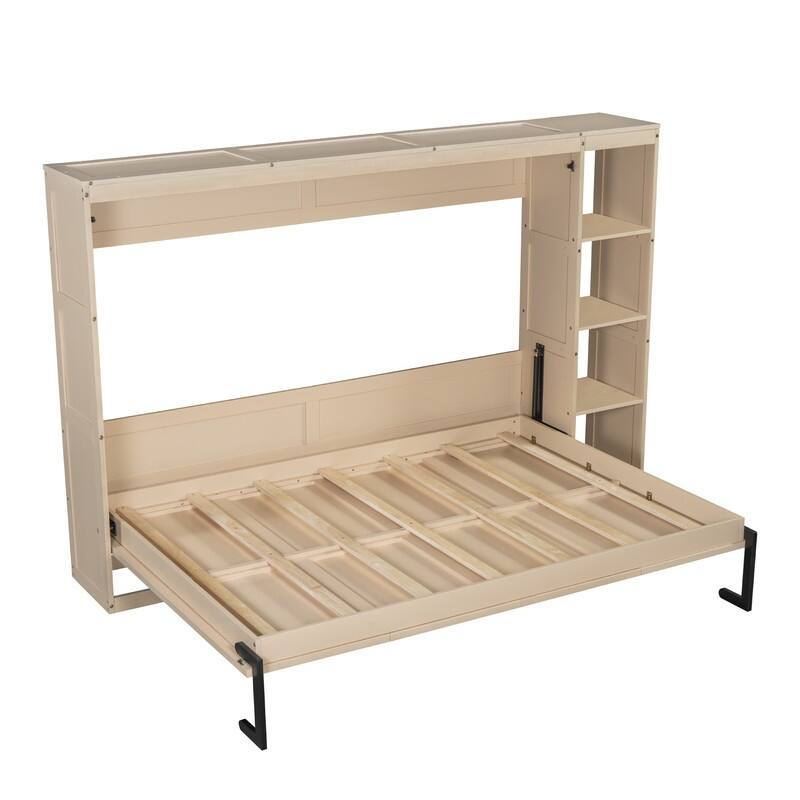 Full Size Murphy Bed with Bookshelf, Foldable Bed Frame with Storage Shelves, Wooden Cabinet Bed with Handle