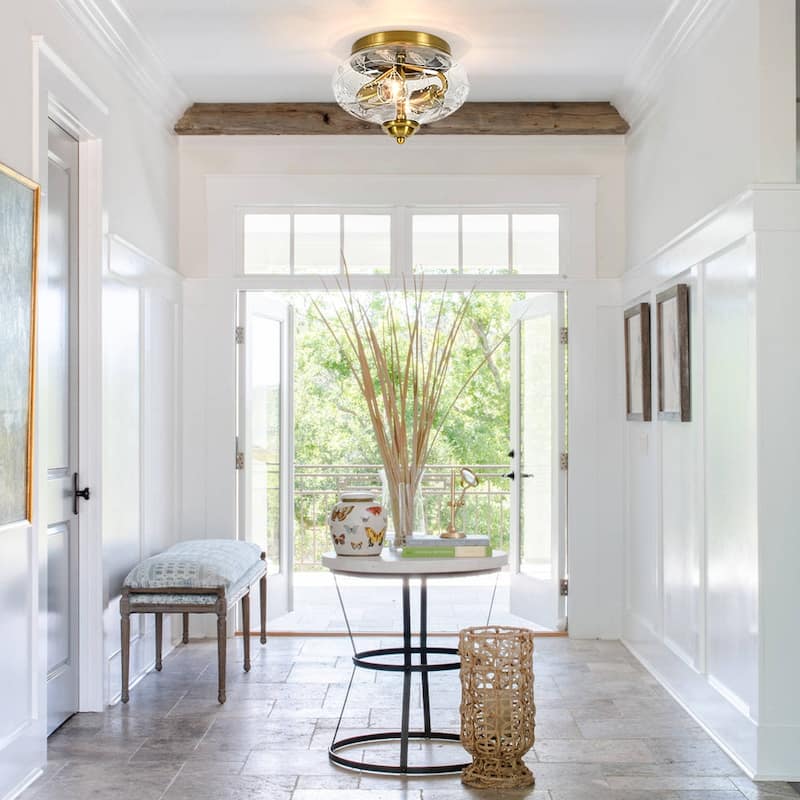 Decorative Round Clear Etched Art Glass Semi Flush Ceiling Light