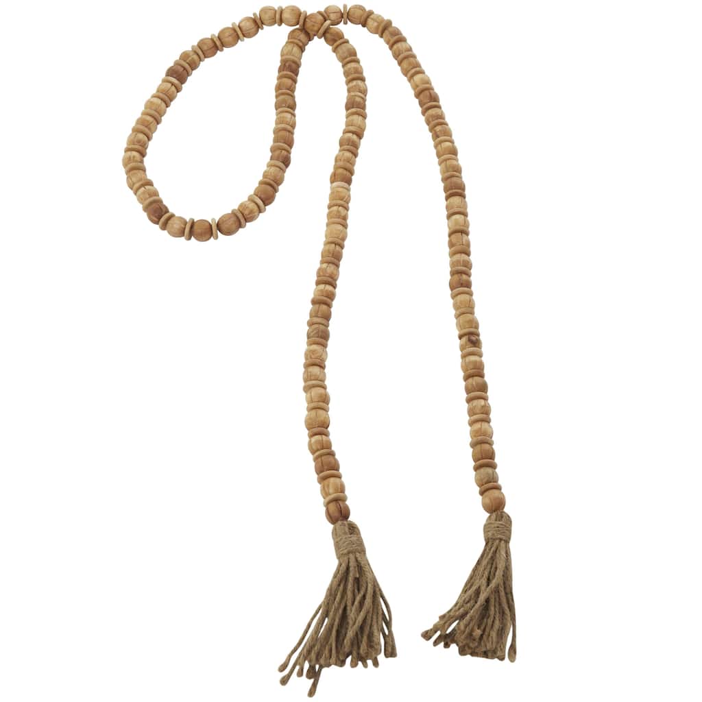 Mango Wood Handmade Round Long Carved Beaded Garland with Tassel - Brown - Roche River Decor