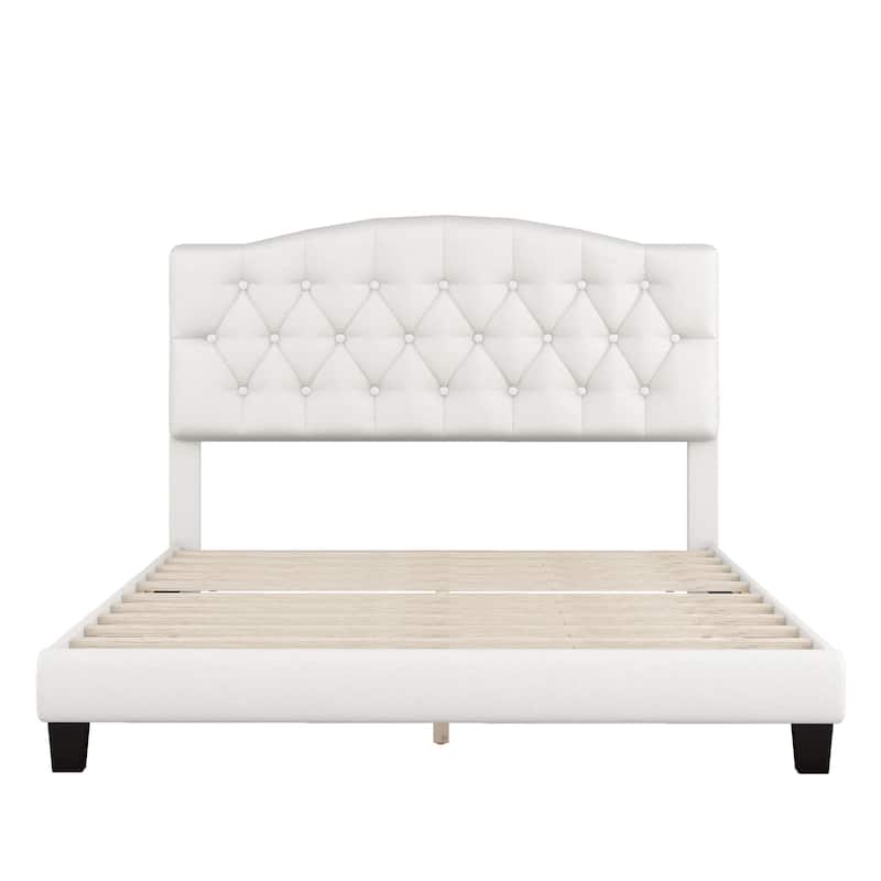Upholstered Platform Bed with Saddle Curved Headboard and Diamond Tufted Details - Beige