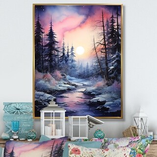 Designart "Pine Tree Winter Twilight I" Tree Pine Framed Canvas Wall ...