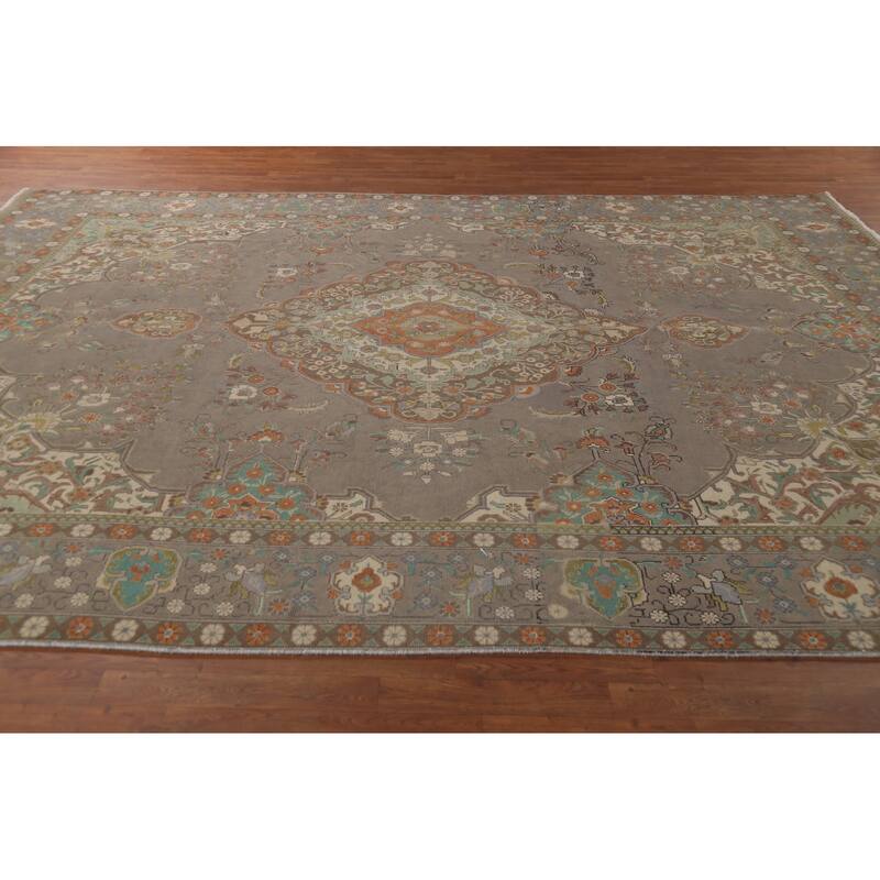 Gray Distressed Tabriz Persian Vintage Area Rug Handmade Wool Carpet - 9'7"x 13'0"