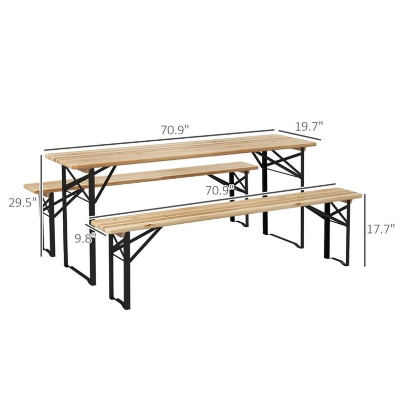 Folding Picnic Table and Bench Set Solid Wood Tabletop Steel Frame Portable Outdoor Patio Garden - 71"L x 10"W x 18"H