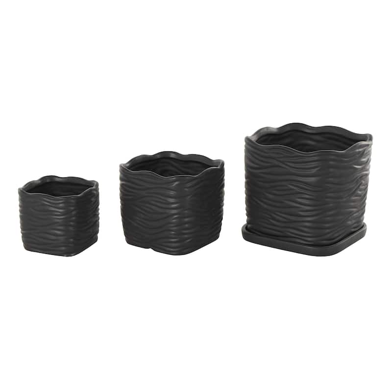 Ceramic Wavy Ribbed Indoor Outdoor Planter with Attached Saucer - Set of 3 Black or White - Roche River Decor