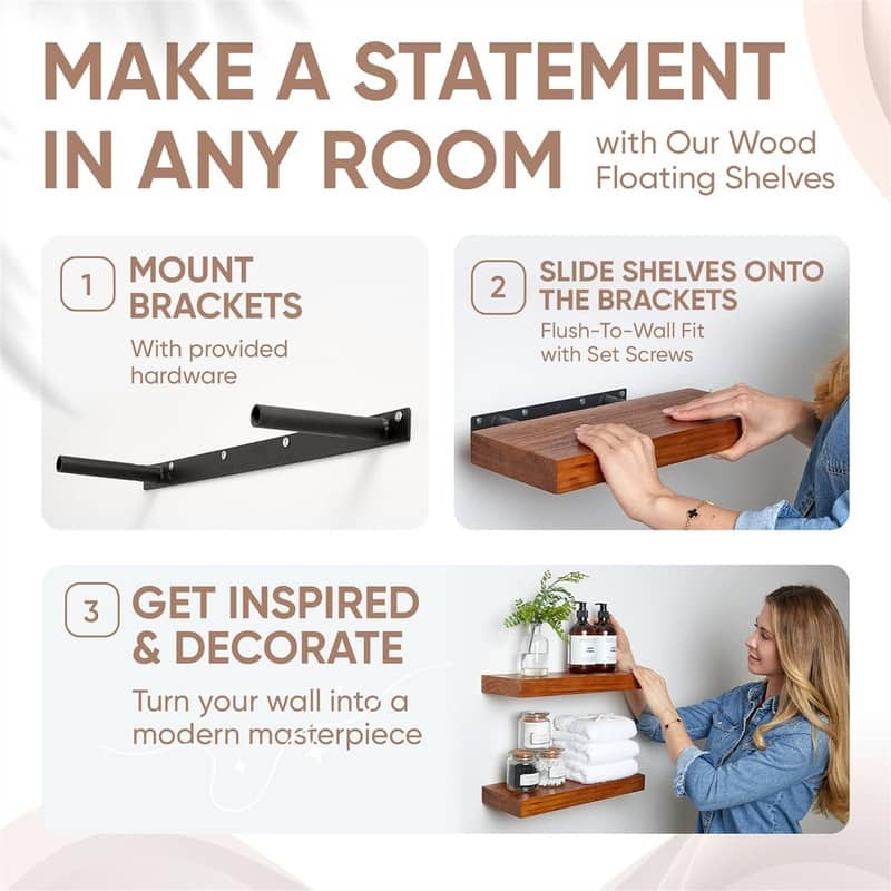 Rustic Farmhouse Floating Shelves - 6.5"D x 16"W x 1.75"H