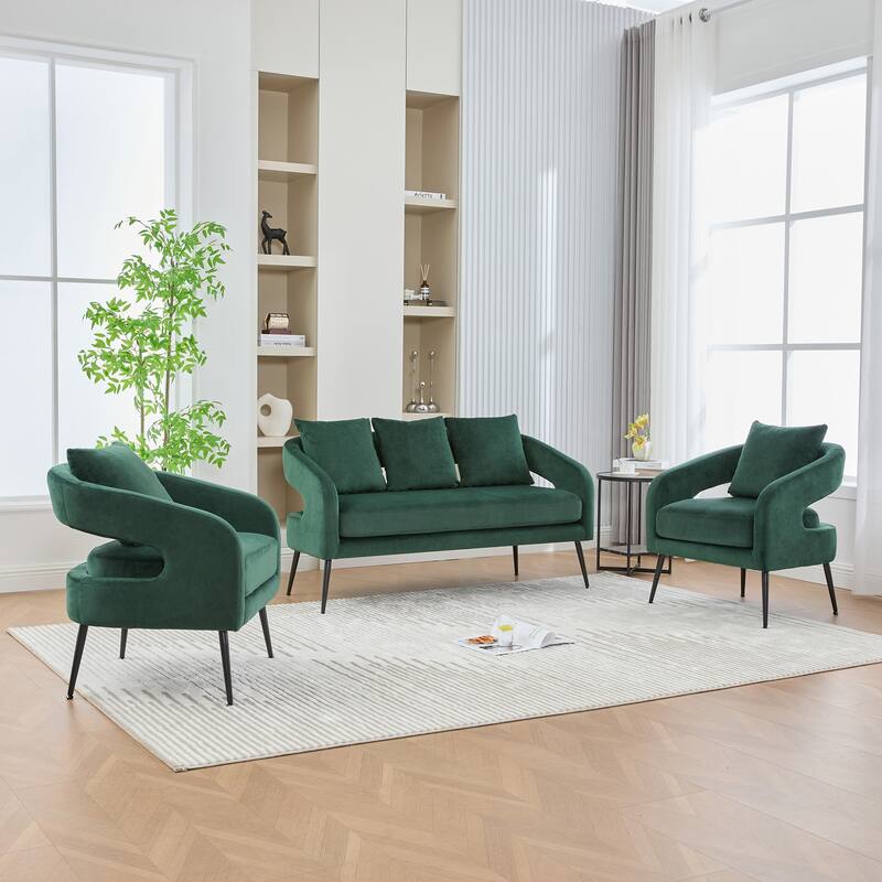Roomfitters Velvet Living Room Set, 3-Piece Open Back Sofa Conversation Set with Metal Legs for Small Spaces - Green