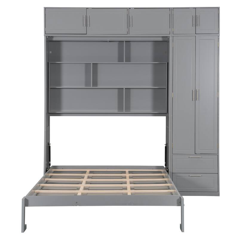 Queen Size Wall Murphy Bed with Top Cabinet & Shelves, Space-Saving Folding Bed Frame with Wardrobe & 2 Drawers