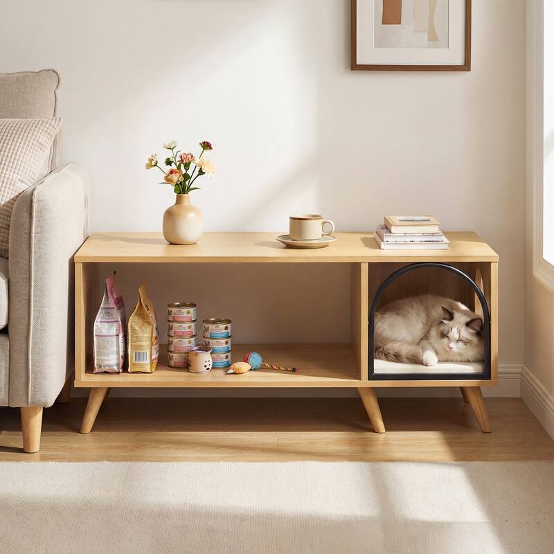 Gymax 40'' Coffee Table w/ Cat House 2-in-1 Farmhouse Cat Furniture