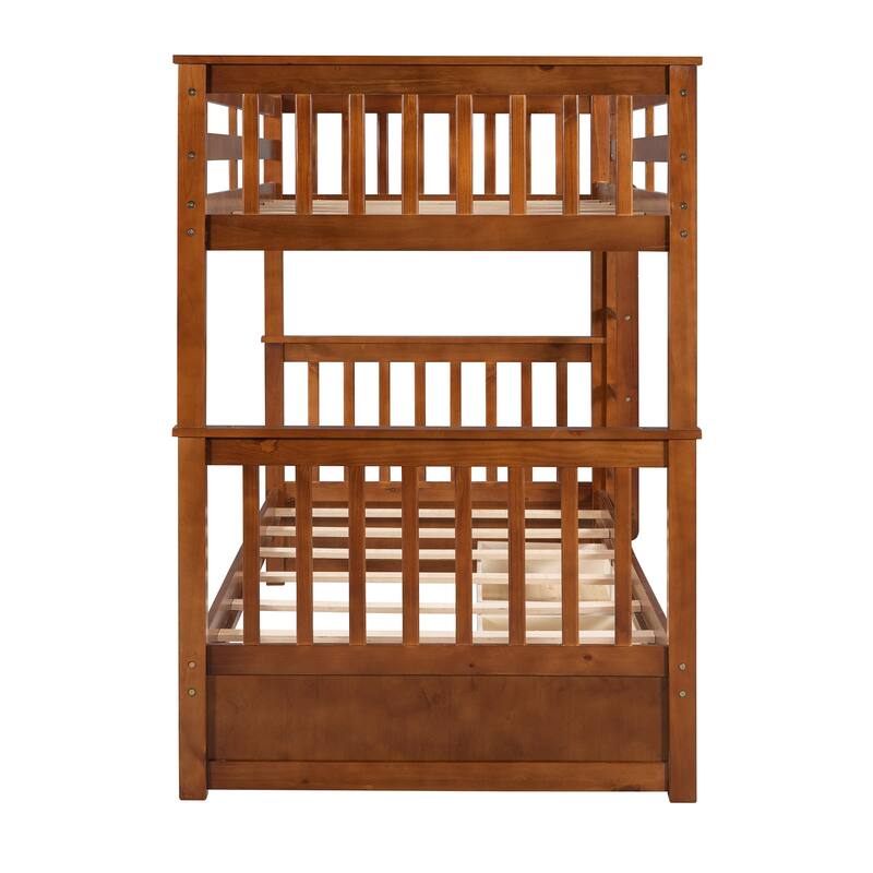 Twin-Over-Twin Bunk Bed with Ladders and Two Storage Drawers in Walnut Finish