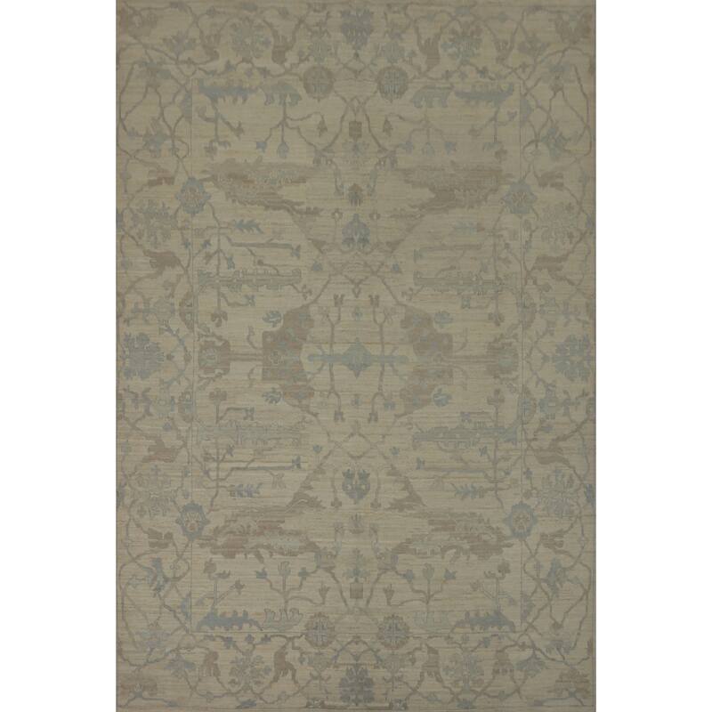 Earth Tone Wool Oushak Vegetable Dye Large Rug, Floral Geometric Carpet - 13' 10'' X 10' 0''