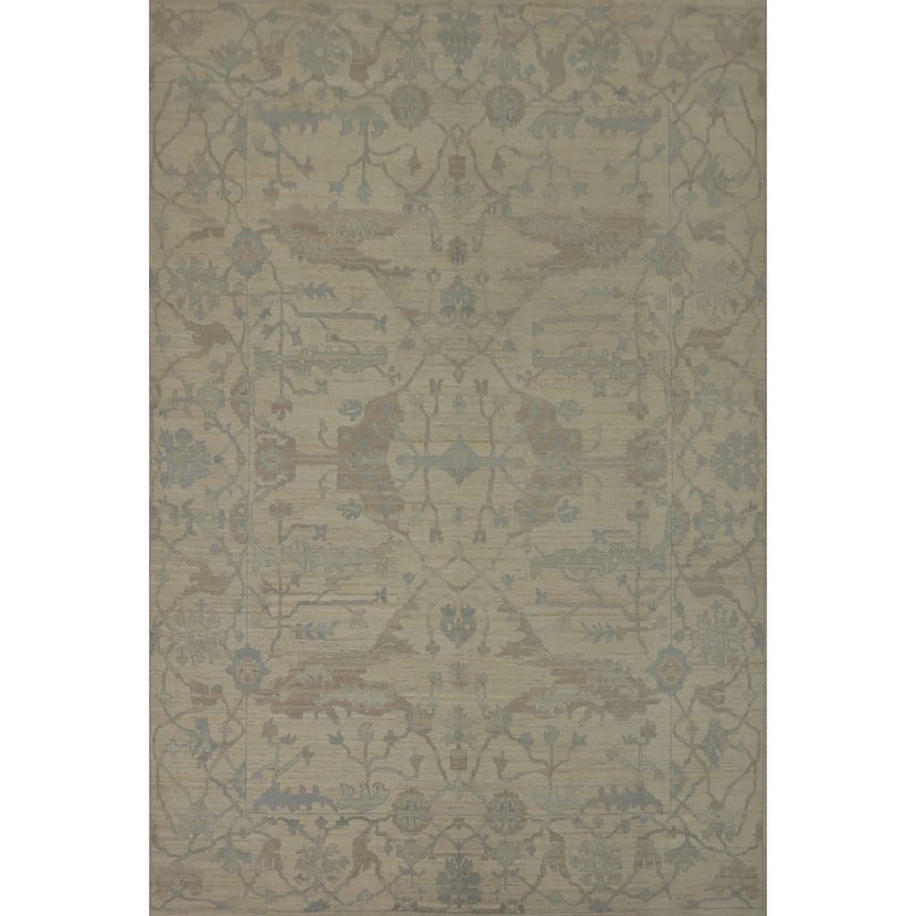 Earth Tone Wool Oushak Vegetable Dye Large Rug, Floral Geometric Carpet - 13' 10'' X 10' 0''