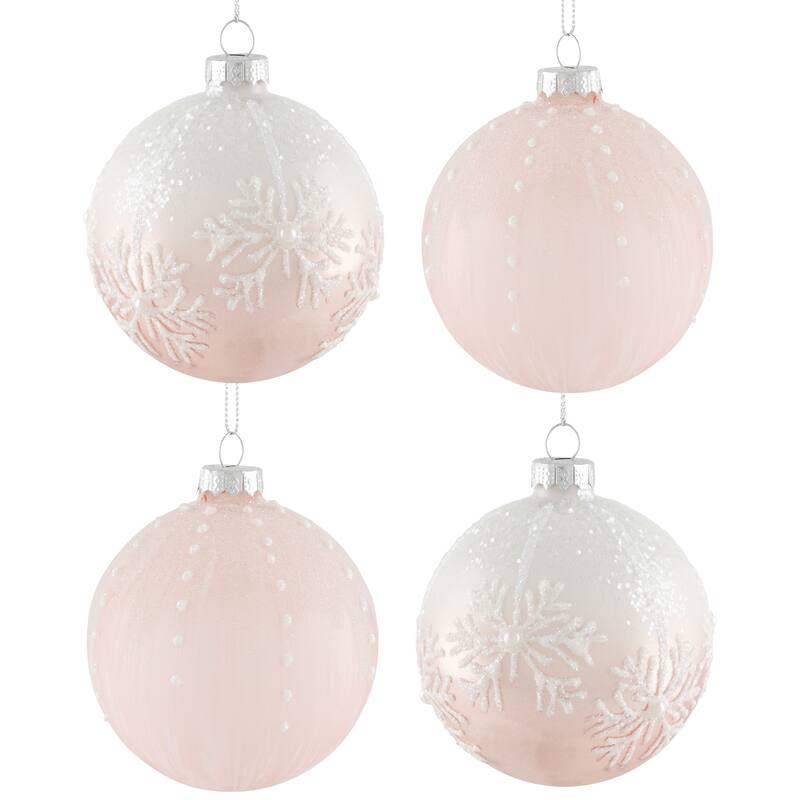 Snowflakes Glass Ball Christmas Ornaments - 3" (80mm) - Pink and White - 4ct