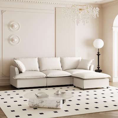 Traditional Modular Chenille Sofa with Skirted Cushions and Ottoman and 2 handrails for Living Room or Guest Room