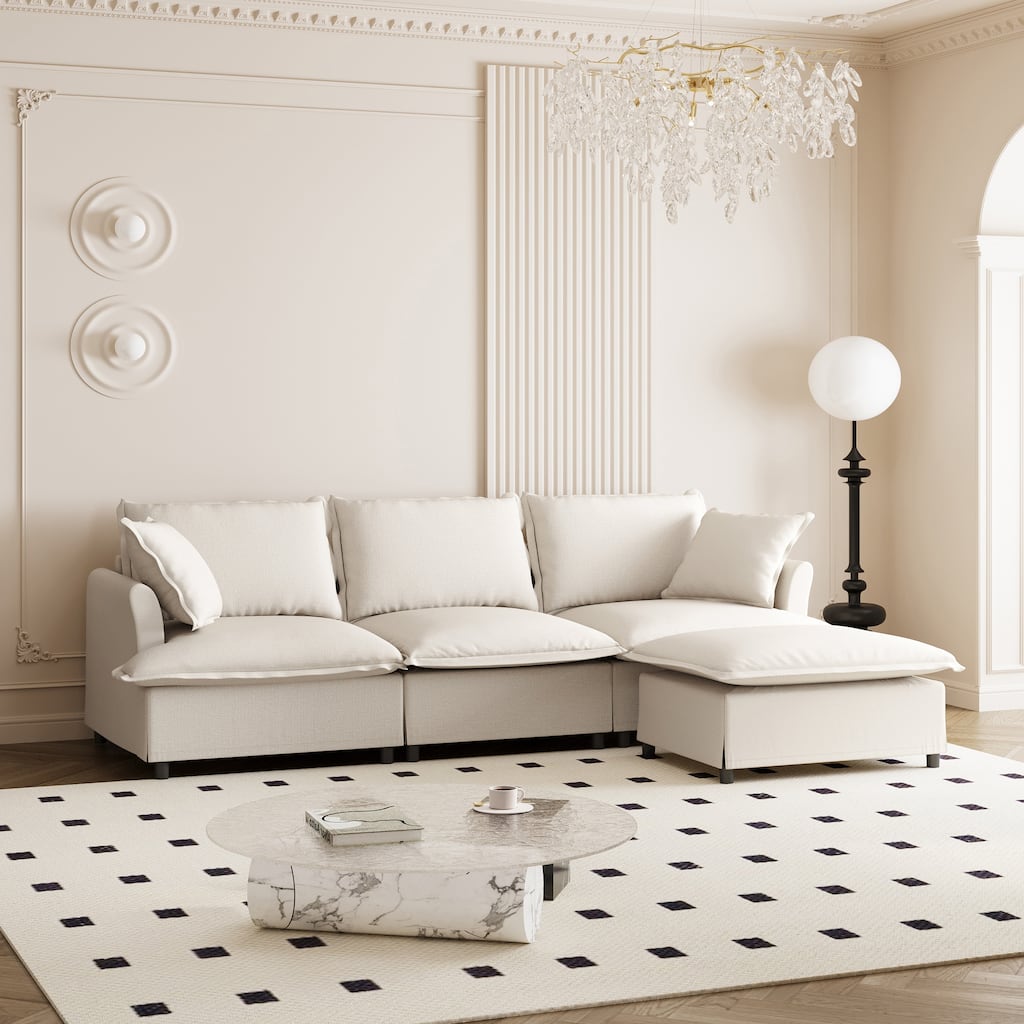 Traditional Modular Chenille Sofa with Skirted Cushions and Ottoman and 2 handrails for Living Room or Guest Room