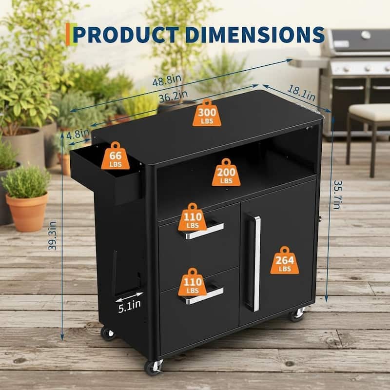 Outdoor Grill Cart, with Storage and Wheels