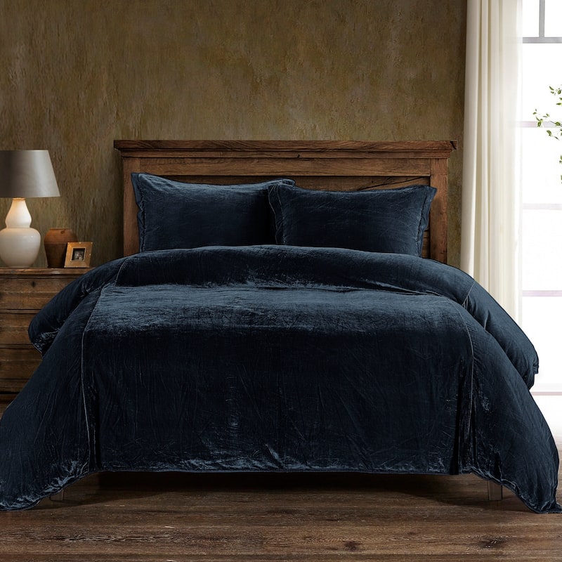 HiEnd Accents Stella Faux Silk Velvet Romantic Western 3 Piece Duvet Cover Set - Midnight Blue - Queen
