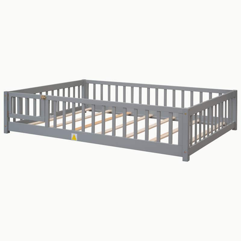 Pine Wood Floor Platform Bed with Fence and Door
