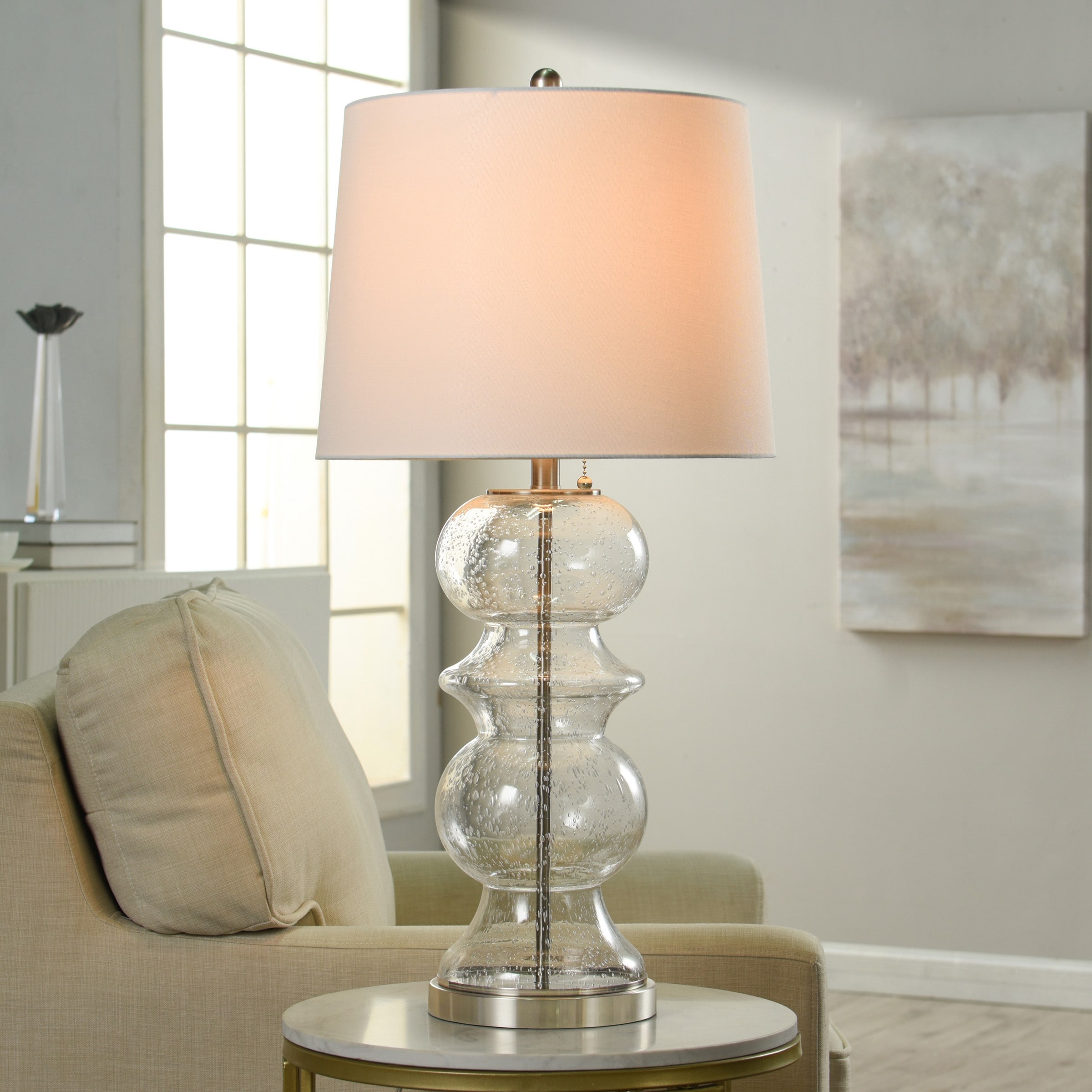 StyleCraft Hannah - Transitional Table Lamp - Clear Seeded Glass Silver Steel - Off-White Shade