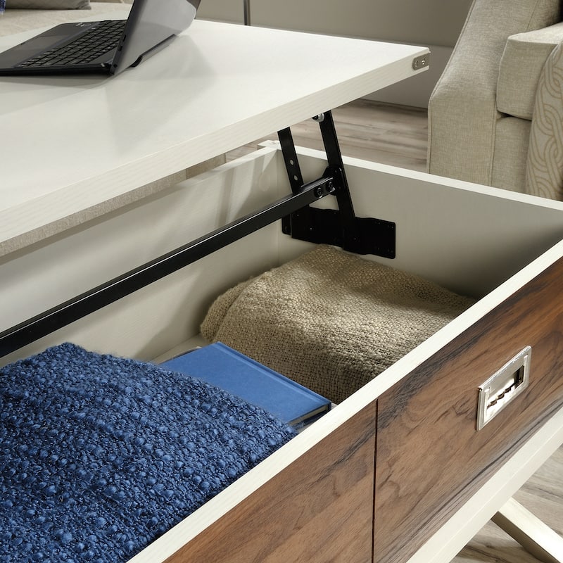 Wood Lift-Top Coffee Table with X metal legs, White/Brown - 39.21" L x 19.69" W x 18.78" H