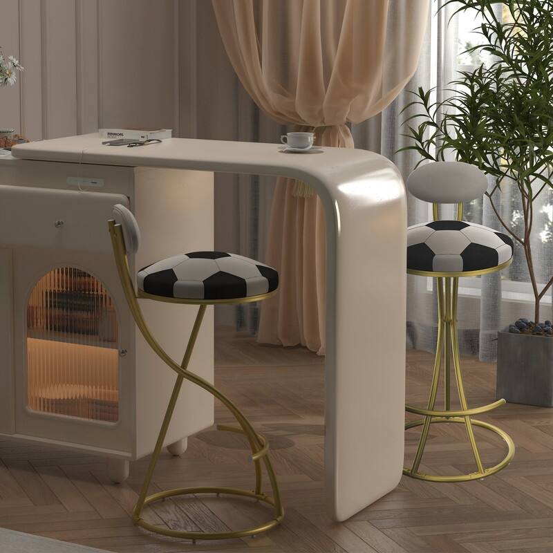 Football Print Bar Stools Set of 2 Upholstered Counter Height Barstool for Kitchen Island S-shaped Velvet Metal Dining Chairs