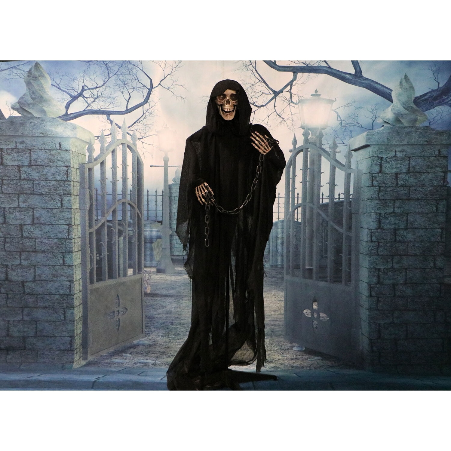Haunted Hill Farm Lifesize 5.4-Ft. Animatronic Grim Reaper w/ Chain & Rotating Head, Indoor/Covered Outdoor Halloween Decoration