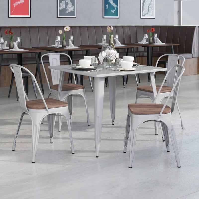 Wood Seat/ Galvanized Steel Stackable Chair (Set of 4) - 18"W x 20"D x 33"H - Silver