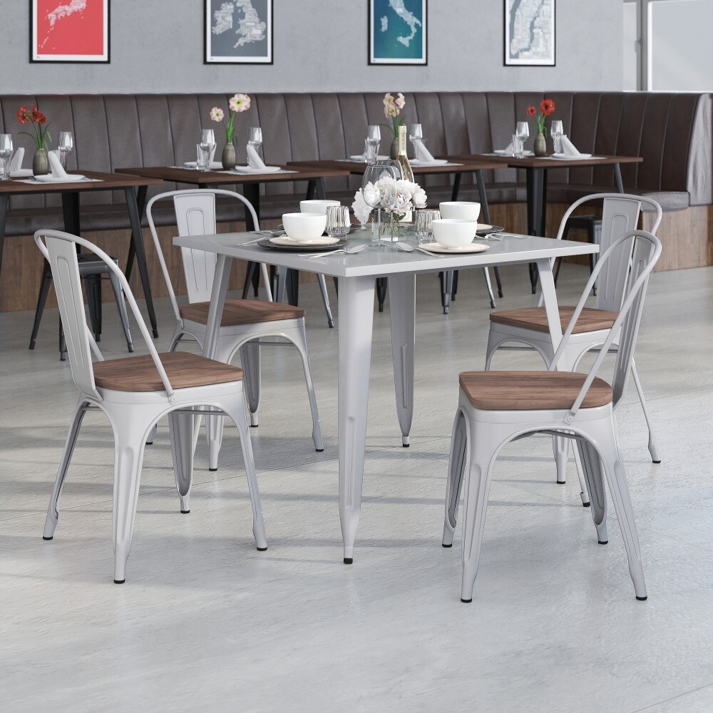 Wood Seat Galvanized Steel Stackable Chair Set of 4 18