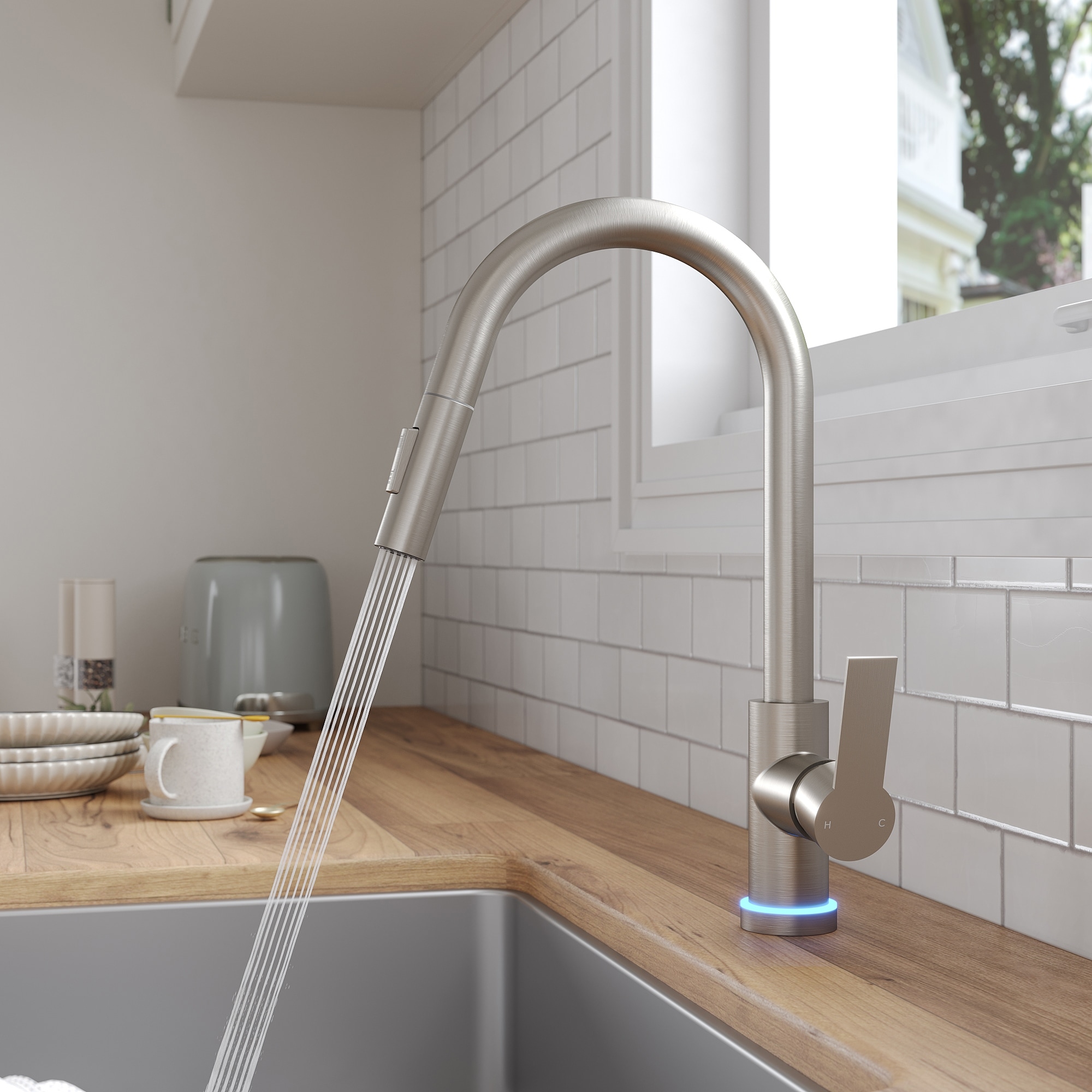 Pull Down Sprayer Kitchen Sink Faucet, Single Handle Kitchen Faucet with LED Light Base