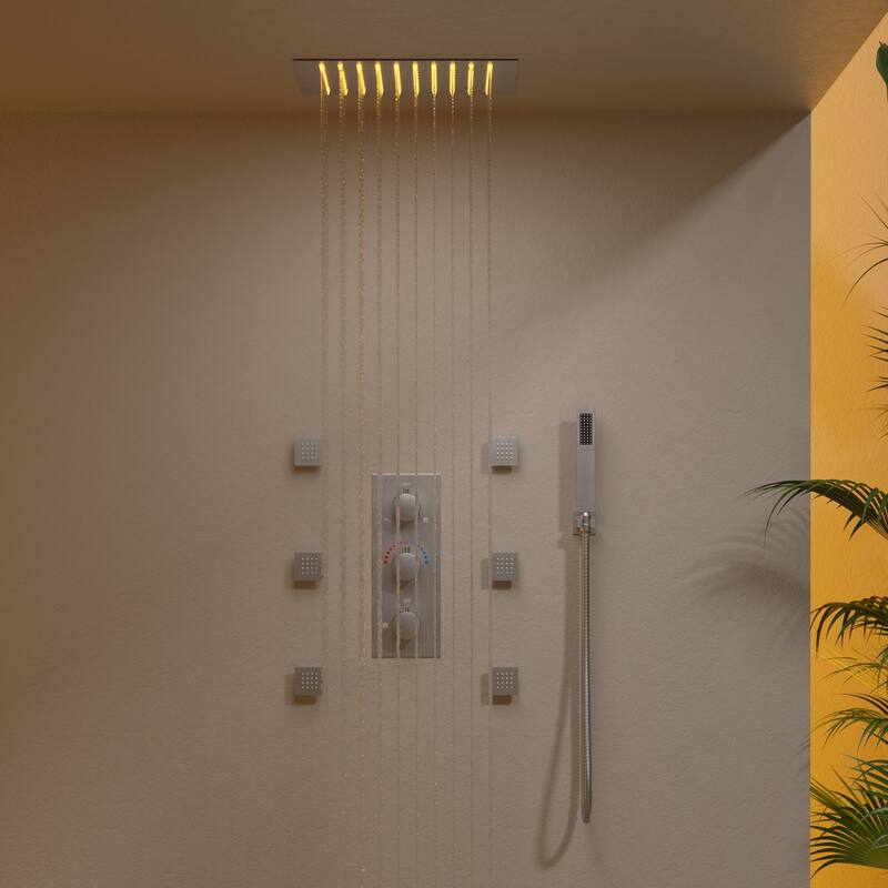 GRANDJOY 12" Ceiling-Mount Shower System with LED Rainfall Head, Handheld Spray and 6 Body Jets