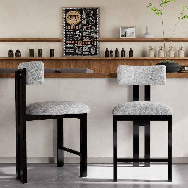 26.5" Stylish Round Stools with Low Back, Kitchen Island Bar Stool Set of 2 with Footrest Comfortable Upholstered Seat - Black+Grey
