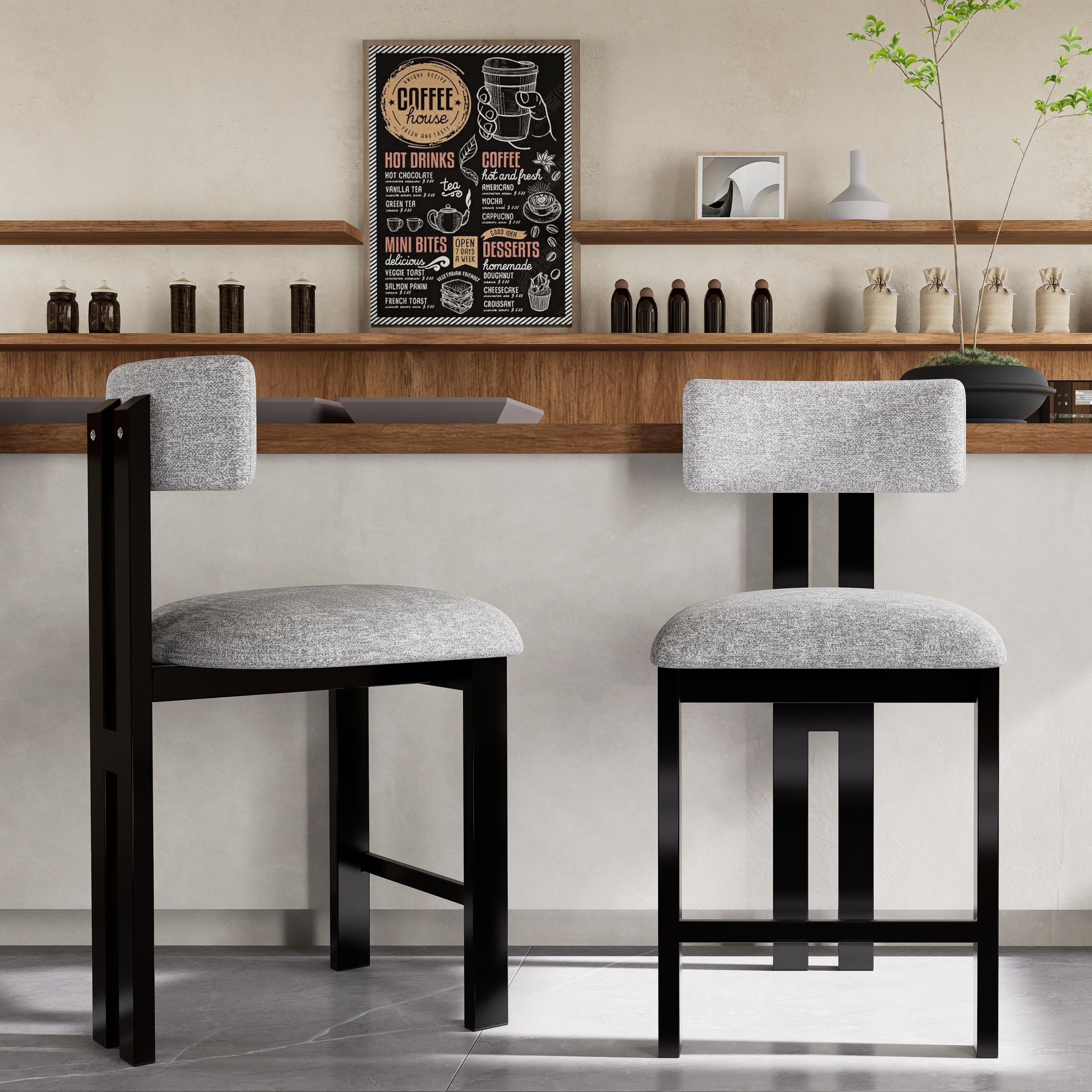 Roomfitters 26.5'' Round Upholstered Counter Stools, Set of 2 Low Back Bar Chairs with Black Metal Frame