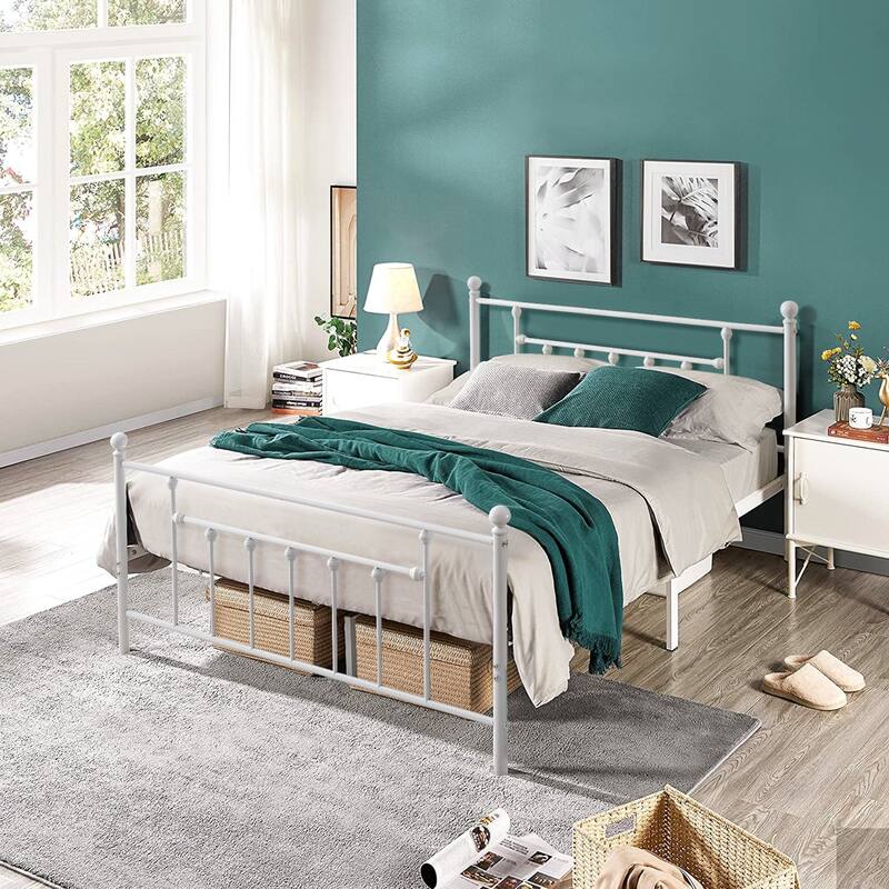 White White Victorian Metal Bed Frame Full Size Heavy Duty Platform Bed Frame with Headboard & Footboard No Box Spring Needed - Full