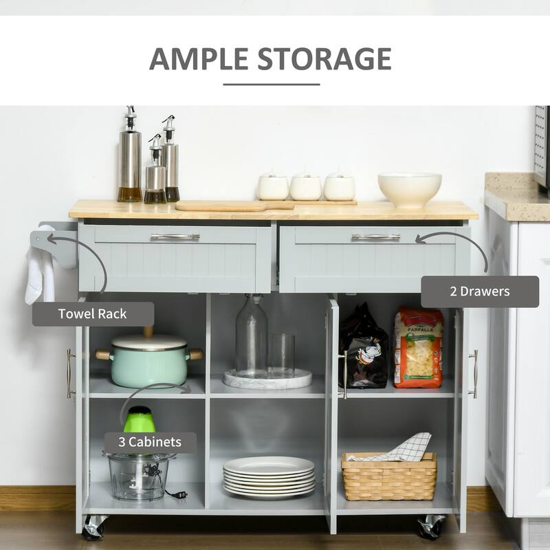 Mobile Kitchen Island On Fixed Wheels with Storage Space, 2 Drawers, 3 Cupboards, Adjustable Shelves and Towel Rack, White
