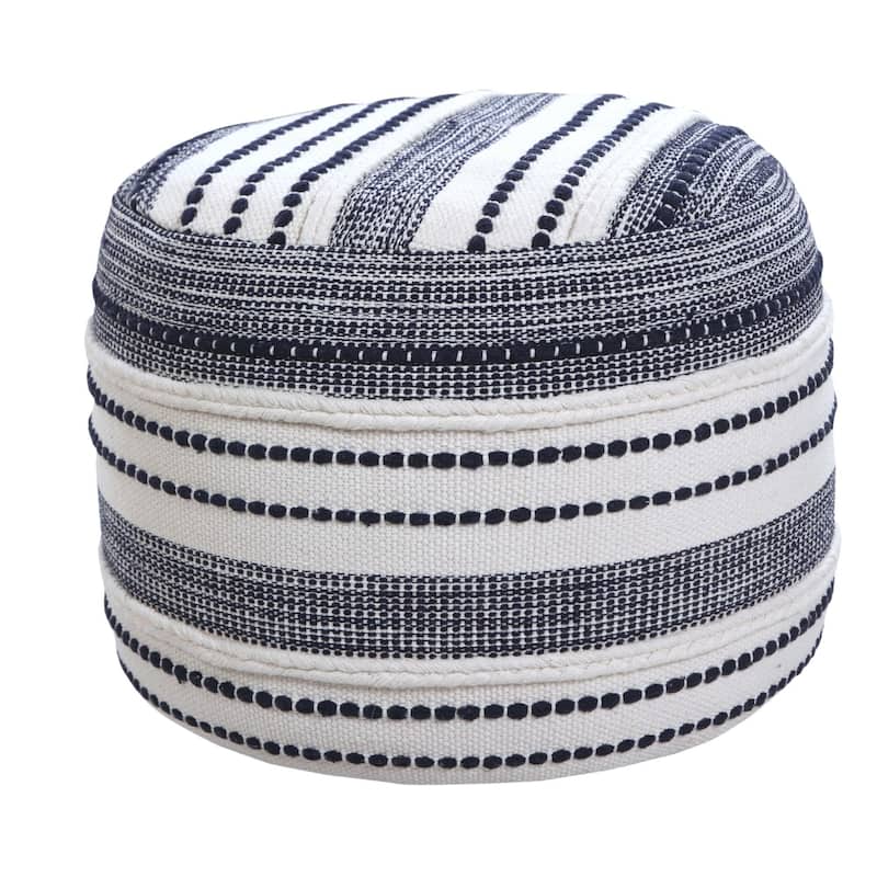 18" Navy and White Seaside Striped Handcrafted Round Pouf Ottoman