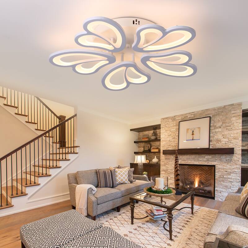 Indoor Modern Dimmable LED Semi-Flush Mount Ceiling Light Fixture with Remote and Creative Flower Lampshade