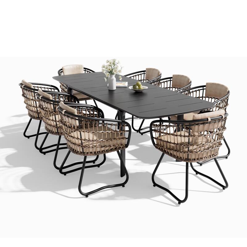 9-PC Outdoor Patio Aluminum Expandable Dining Sets Extension Table with Rattan Chairs - Table-Black&Chair-Beige