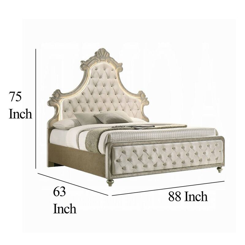 Willa Queen Size Bed, LED Lights, Beige Velvet Upholstery, Brown Wood