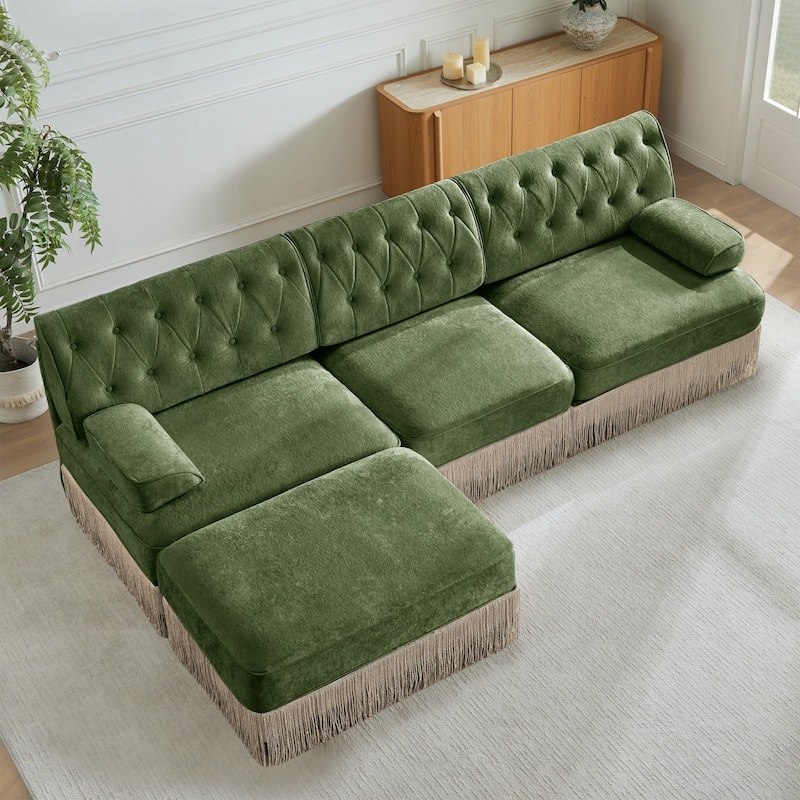 106" Velvet Sectional Sofa with Tassel Skirt Design and Ottoman